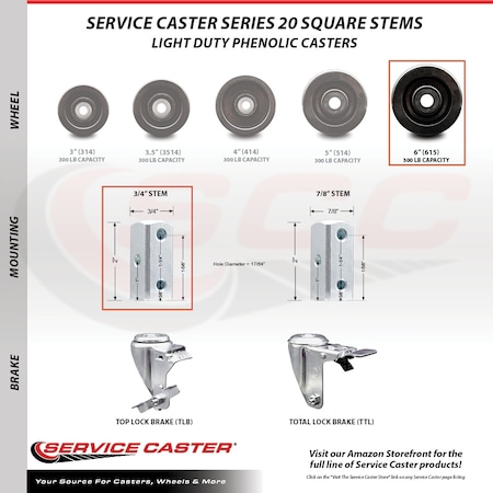 Service Caster 6 Inch Phenolic Wheel Swivel 3/4 Inch Square Stem Caster Total Lock Brakes, 2PK SCC-SQTTL20S615-PHS-34-2-S-2